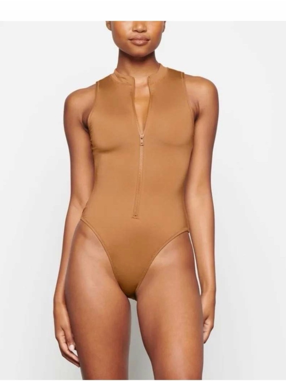 SKIMS Tan Front-Zip Sleeveless One-Piece Swimsuit